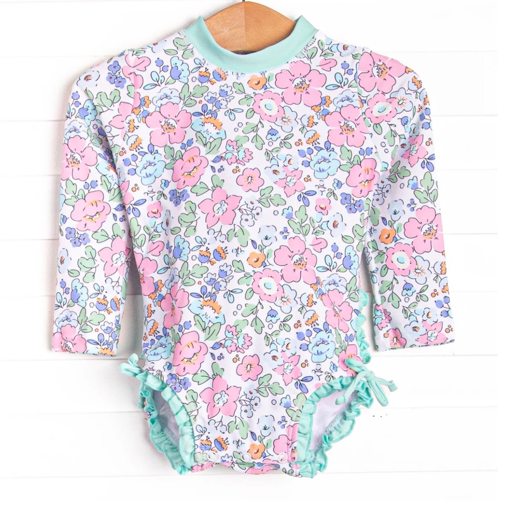Stitchy Fish Pink Magnolia Long Sleeve One Piece Rash Guard, Blue